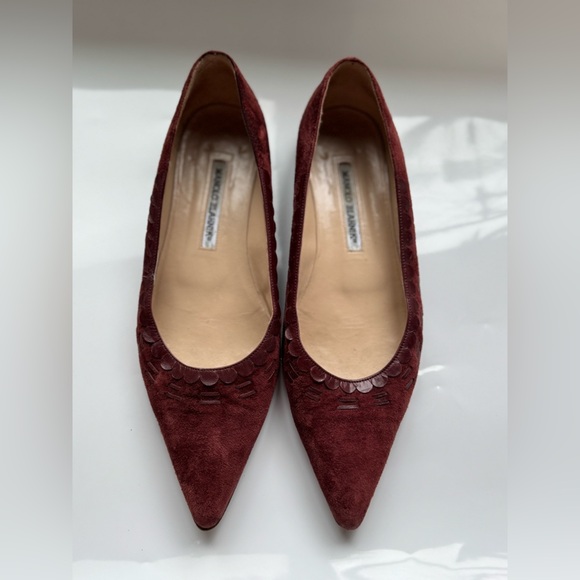 Manolo Blahnik Shoes - Manolo Blahnik Burgundy Suede Pointed Toe Flats Size 38.5 (8 US)